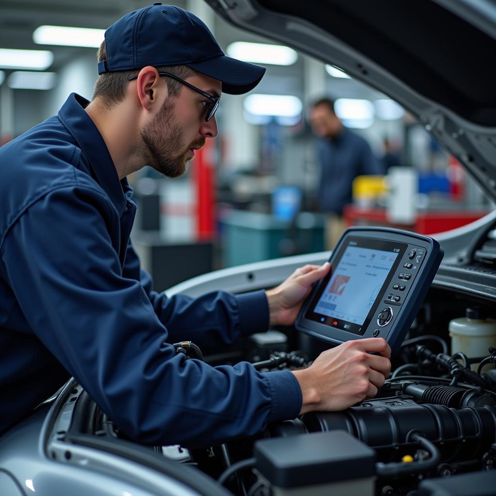 Technician Using Diagnostic Equipment on a Modern Vehicle