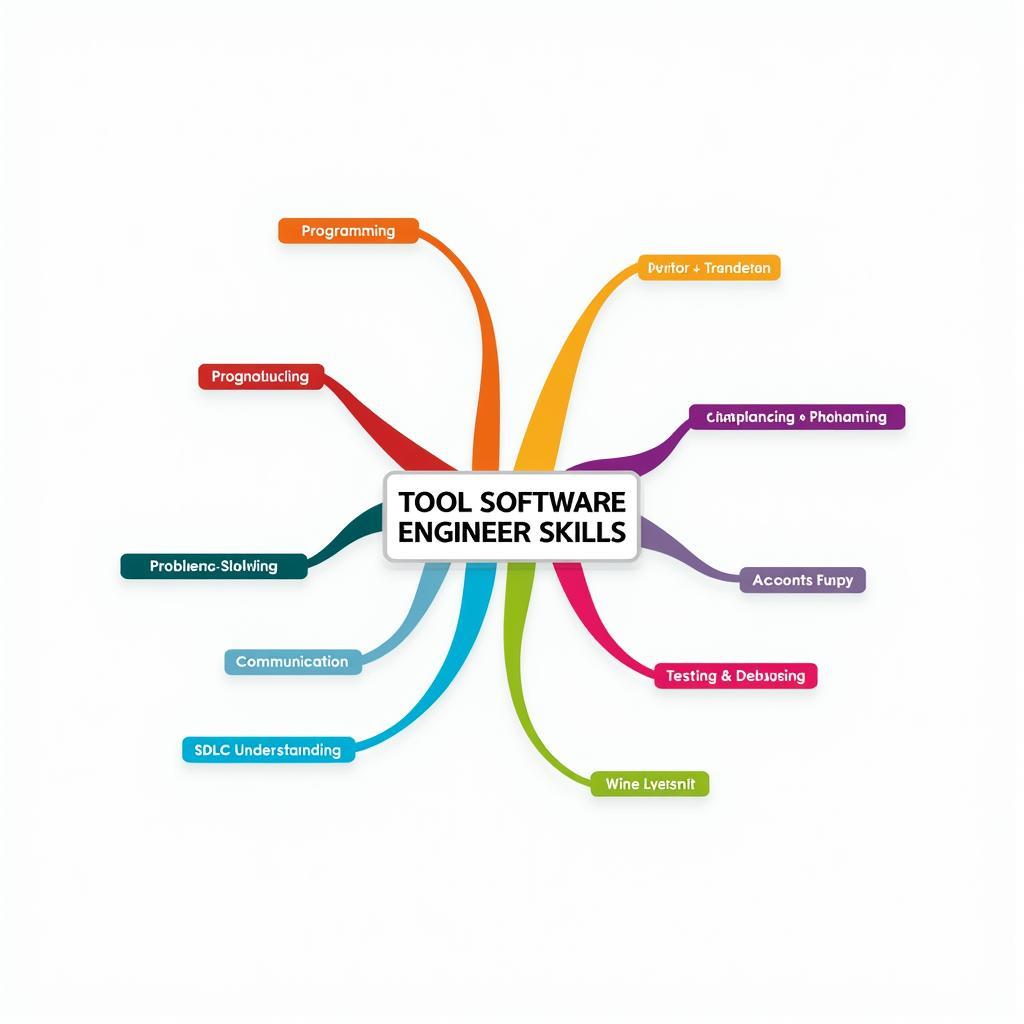 A mind map illustrating the essential skills required for a career as a tool software engineer, including programming languages, problem-solving, and communication.