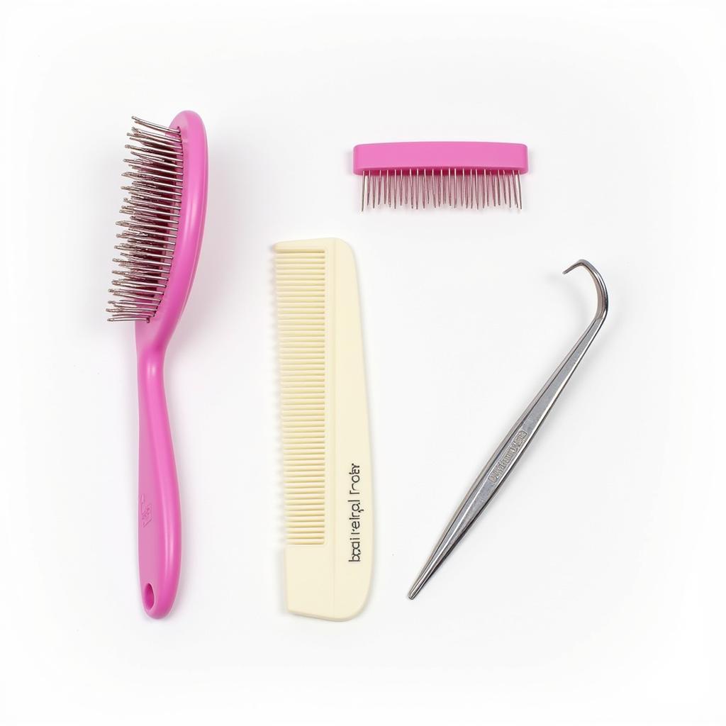 Everyday beauty care tools like a brush, comb, and tweezers.