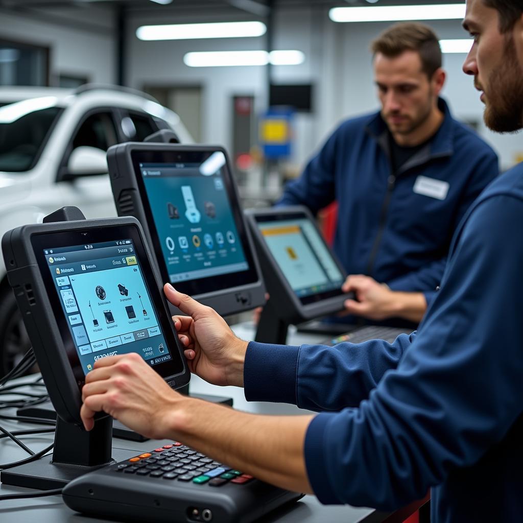 Expensive Car Diagnostic Scanners in a Professional Workshop