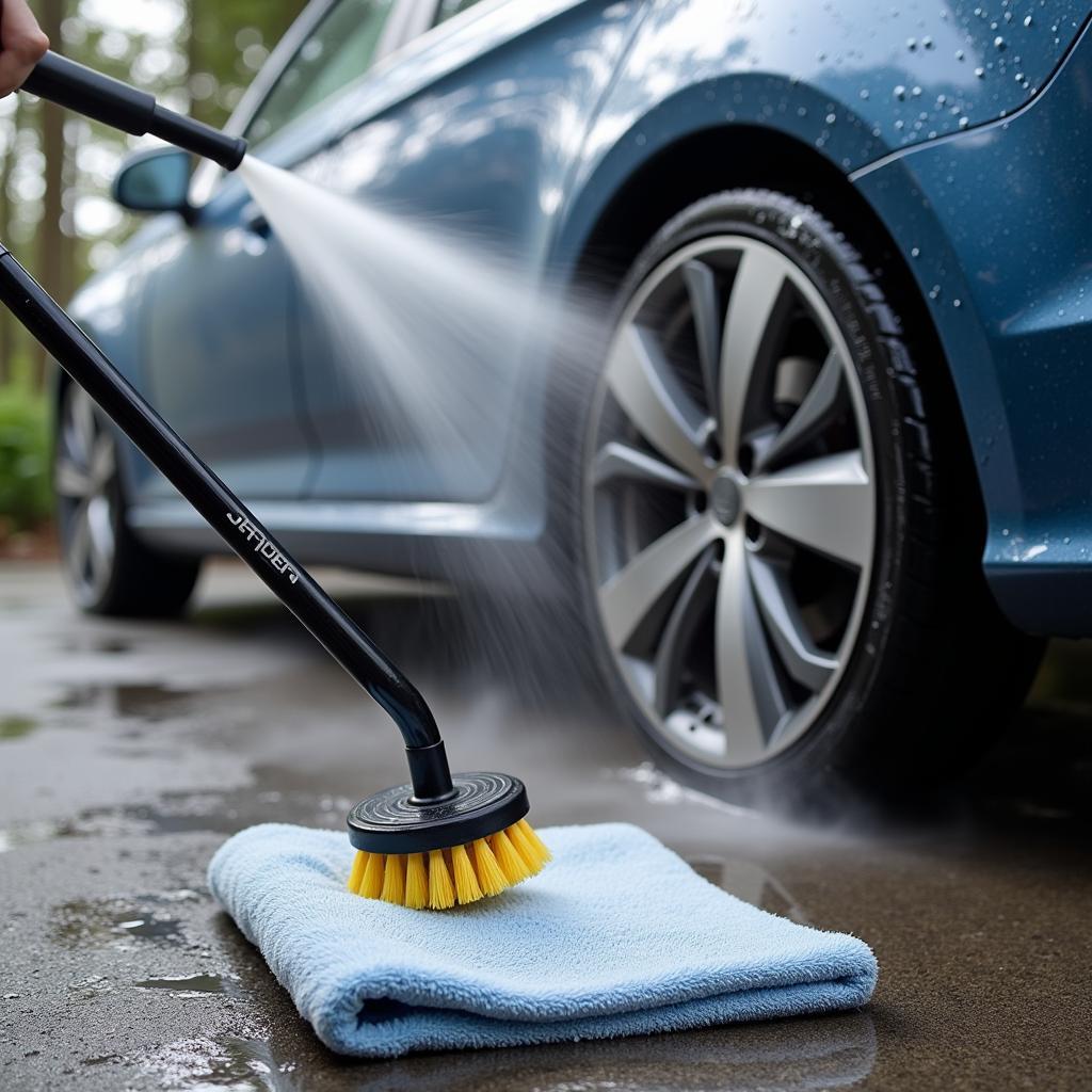 Exterior Car Cleaning Tools: Pressure Washer, Wheel Brush, and Drying Towel