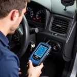 Mechanic using the EZFix car diagnostic tool to troubleshoot a vehicle.