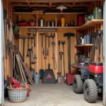 Organized storage of farm tools in a shed