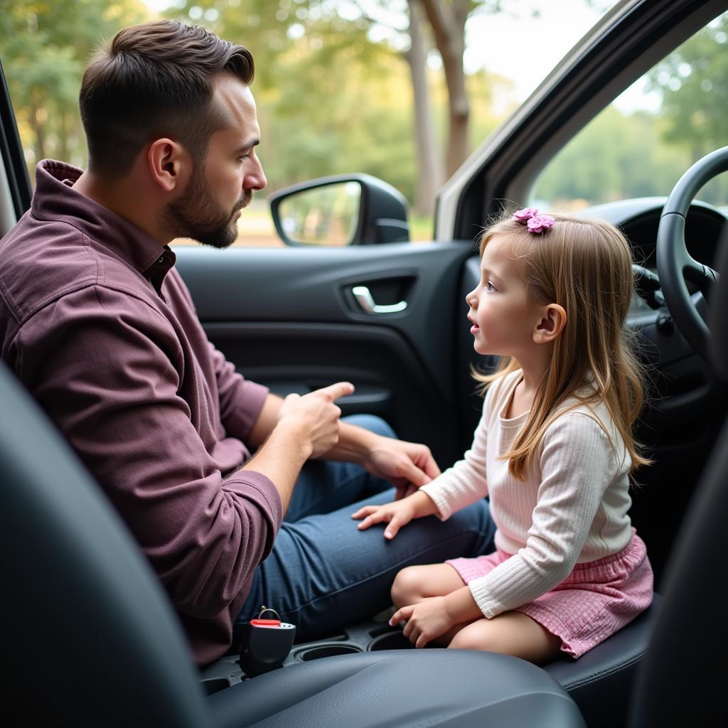 Father teaching his daughter about car safety and lock mechanisms