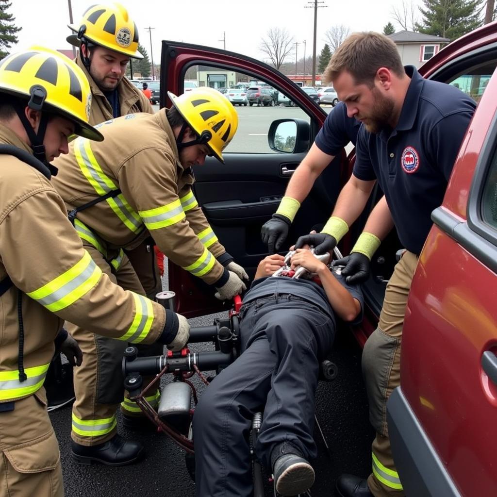 Firefighters using specialized tools to extricate a victim from a car wreck