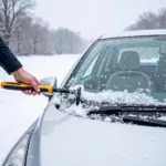 Fiskars SnowXpert Car Tool in Use During a Snowstorm