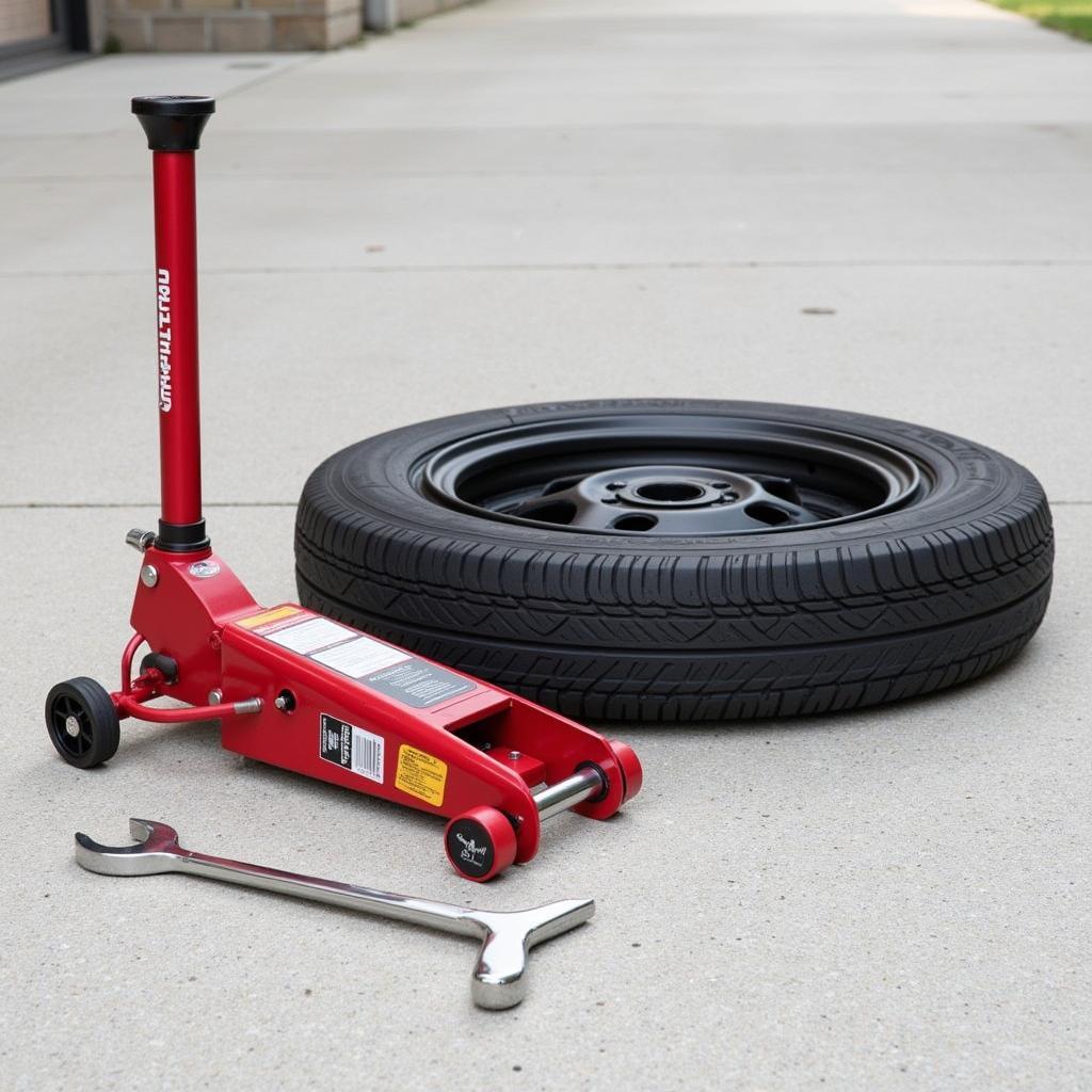 Essential tools for changing a flat tire: Jack, Lug Wrench and Spare Tire