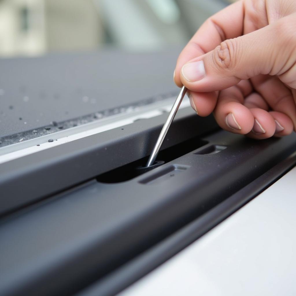 Using a flexible wire to clean a car's sunroof drain