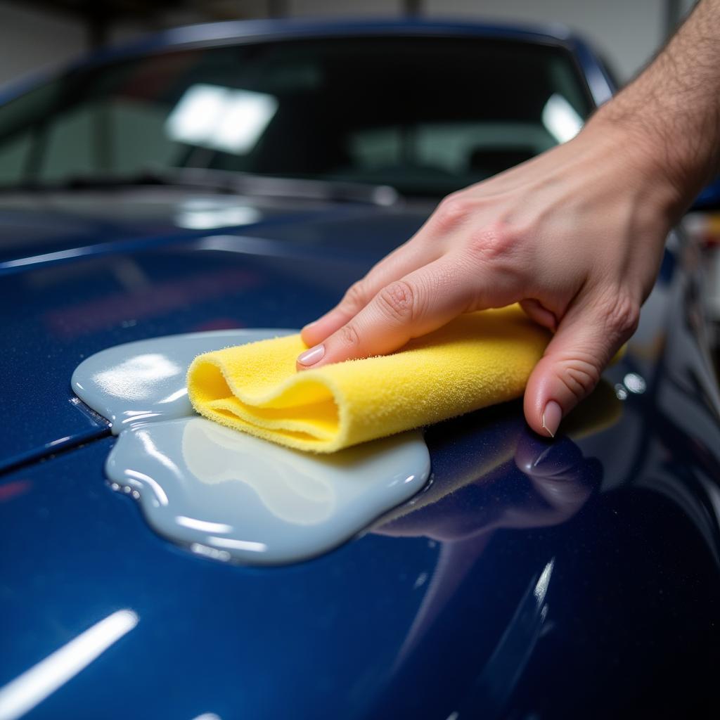 Foam applicator being used to apply wax to a car's hood