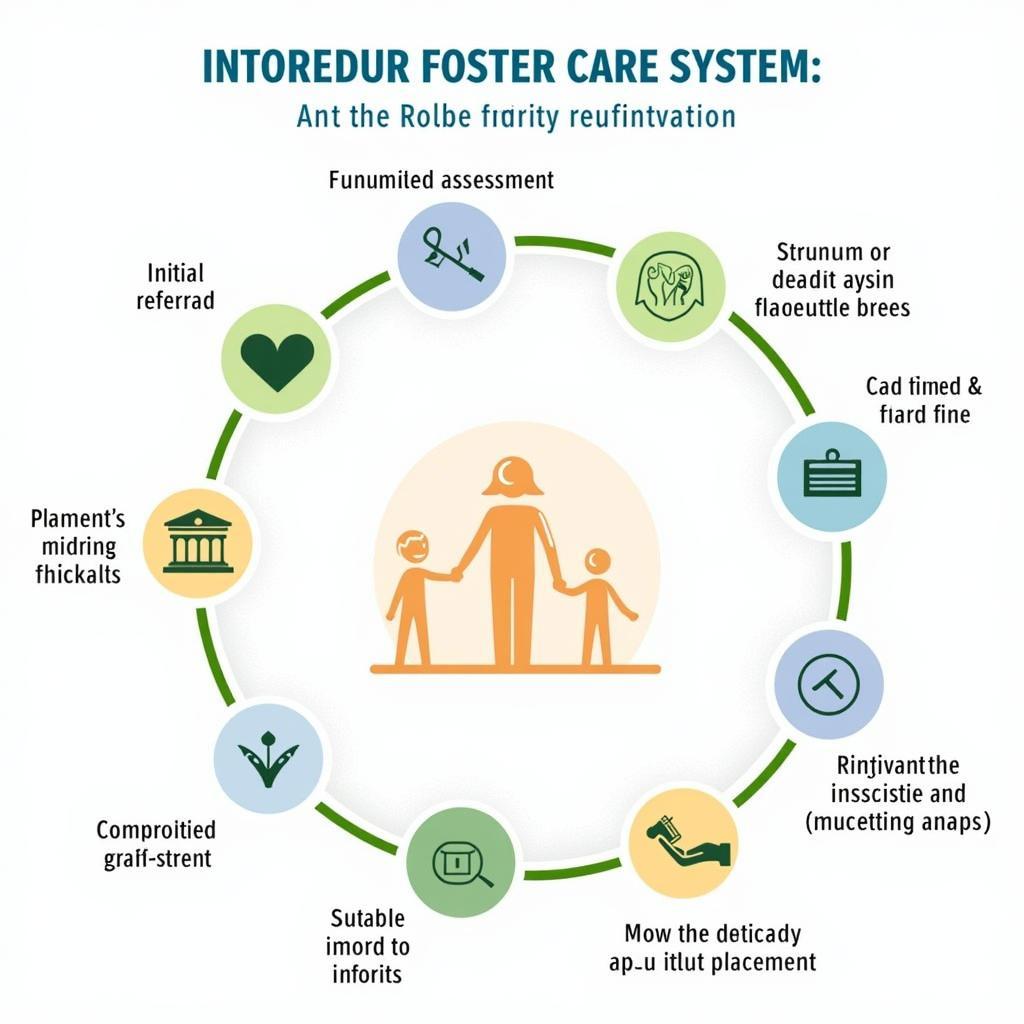 Foster Care System Overview: Diagram illustrating the process of entering foster care, including referral, assessment, placement, and reunification.