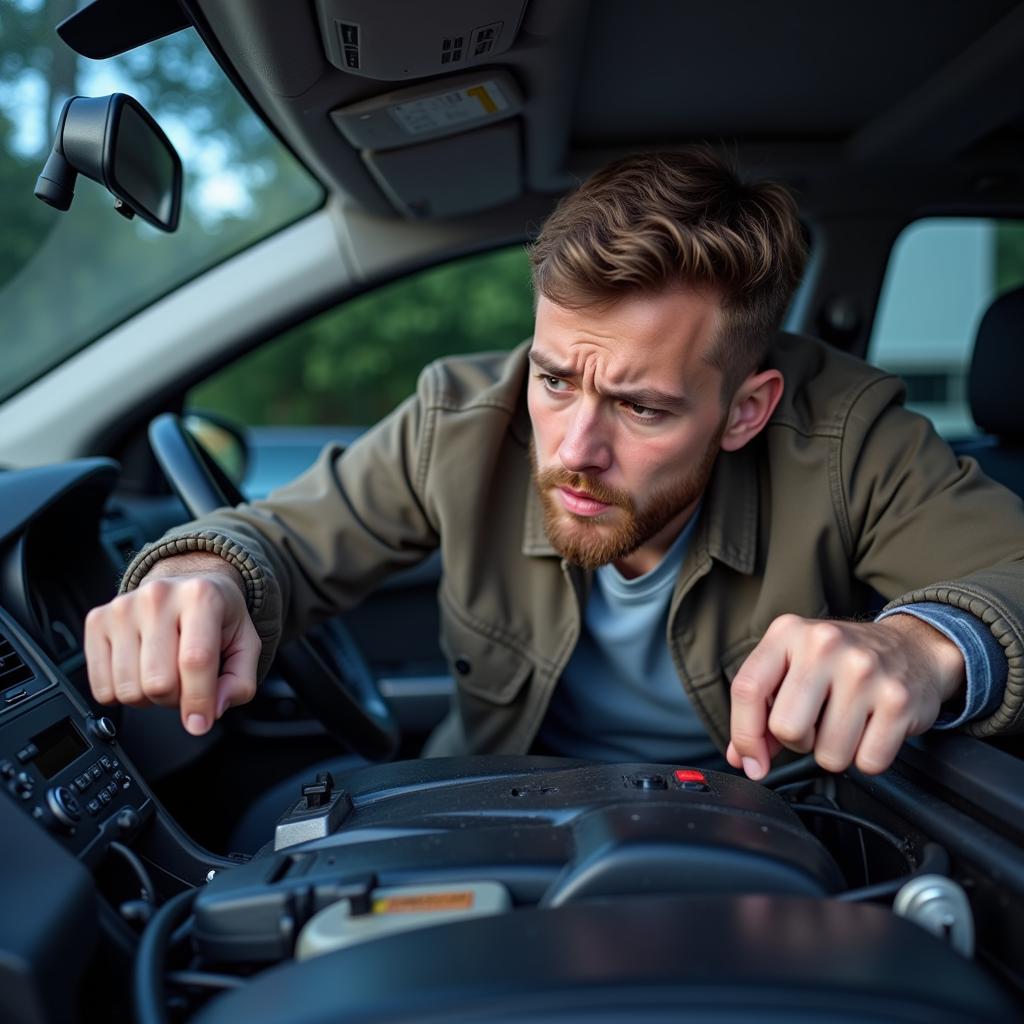 Frustrated Driver Checking Engine Light