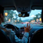 Car windshield displaying augmented reality marketing overlay