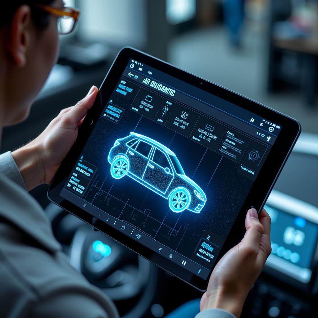 Futuristic car diagnostic interface on an iPad, showcasing advanced features and data analysis.