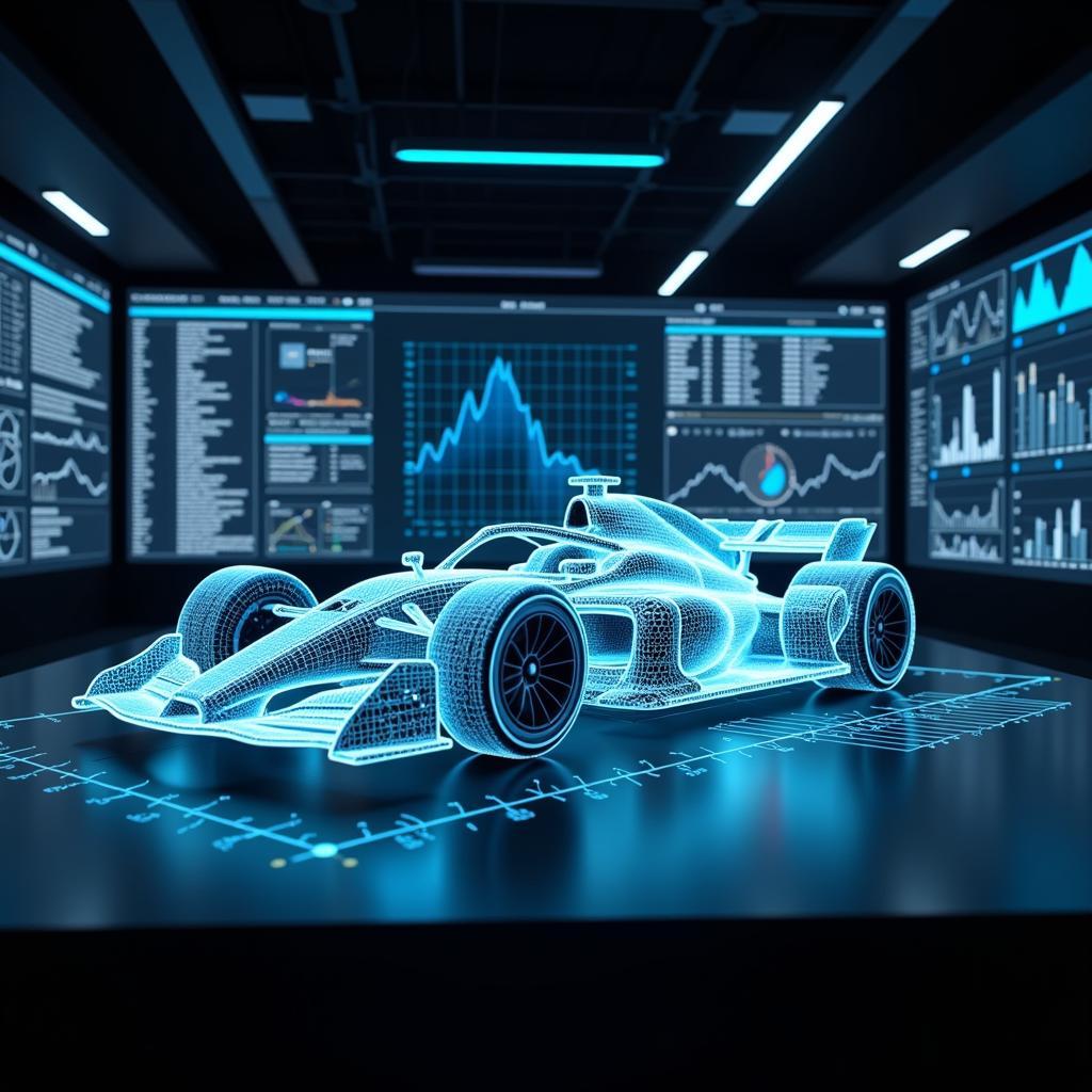 A futuristic display showcasing AI-powered race car diagnostics, with real-time data visualization and predictive analytics.