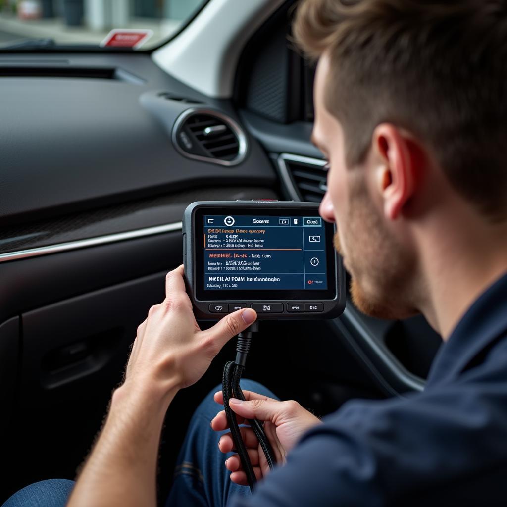 G Scan Diagnostic Tool in Use - Mechanic Connecting the Device to a Car's OBD2 Port