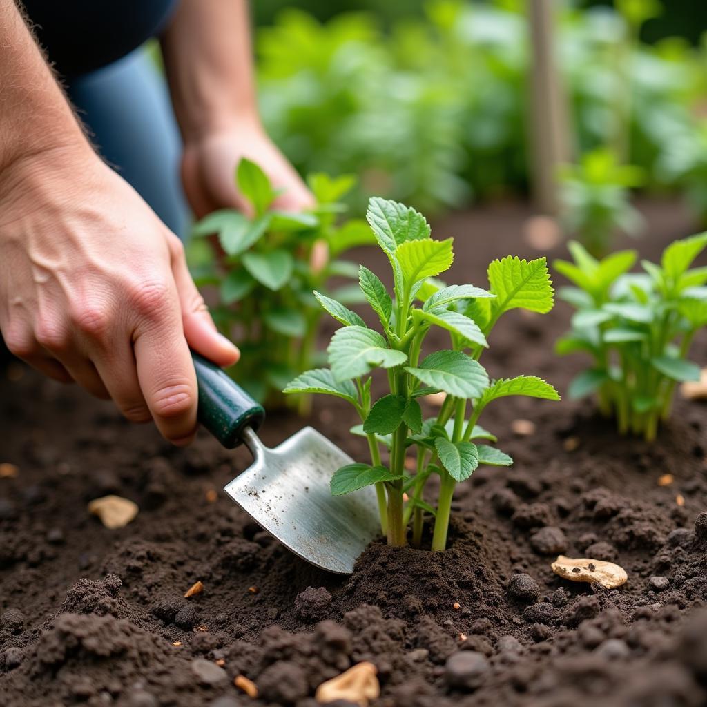 Gardener Using a Hand Trowel for Planting