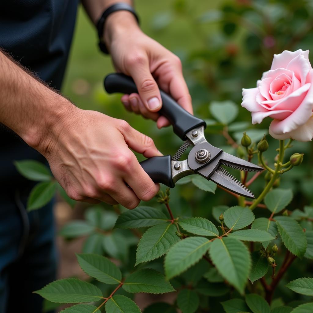 Gardener Pruning a Rose Bush with Sharp Shears