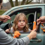 Girl Locked in Car Meme with Dad Handing Tools