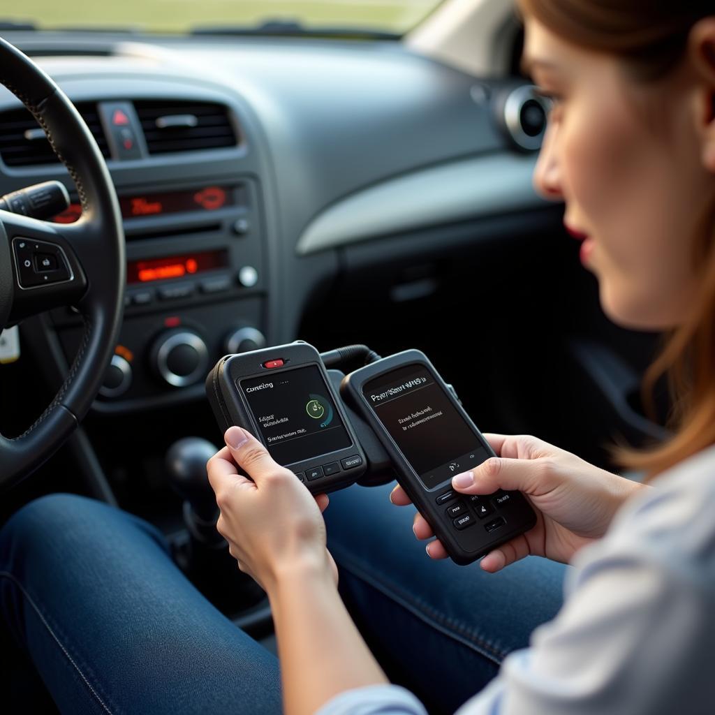 Girl Plugs OBD2 Scanner into Car