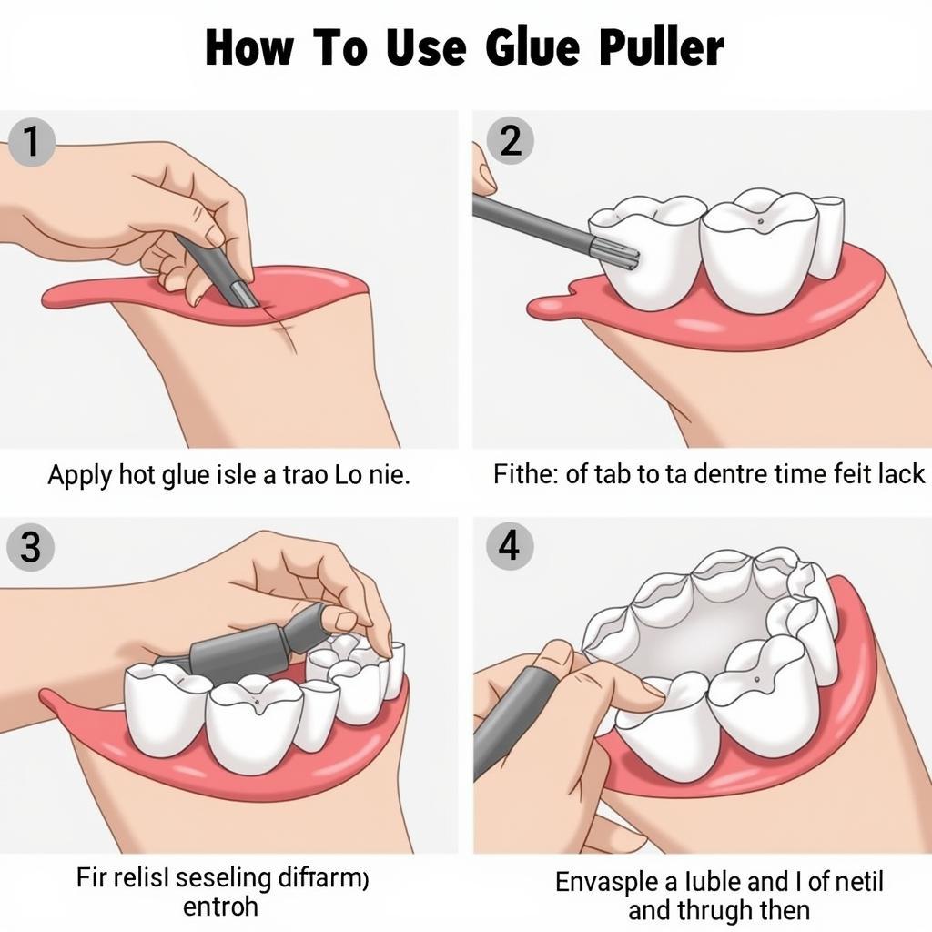 Glue Puller Dent Removal Process: A step-by-step illustration of using a glue puller to remove a dent from a car, showcasing the application of glue, attachment of the pulling tab, and the pulling process itself.