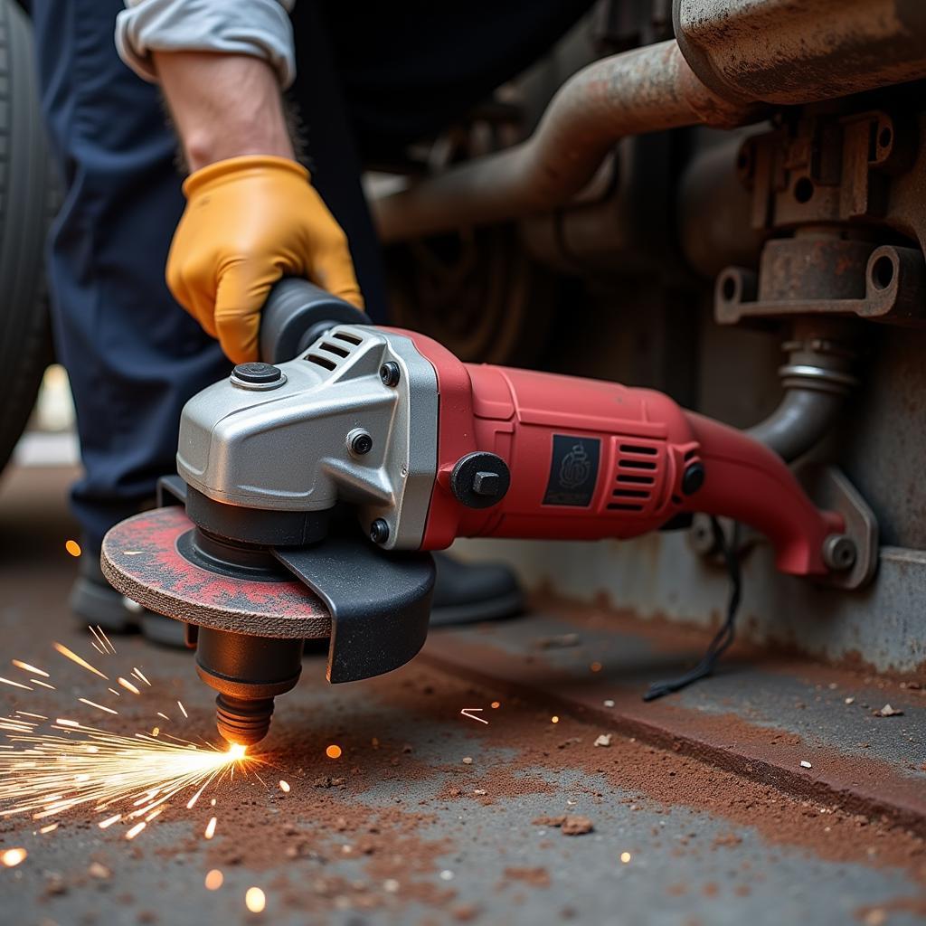 Grinder Removing Rust from Car