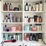 Hair care products and tools arranged on a shelf