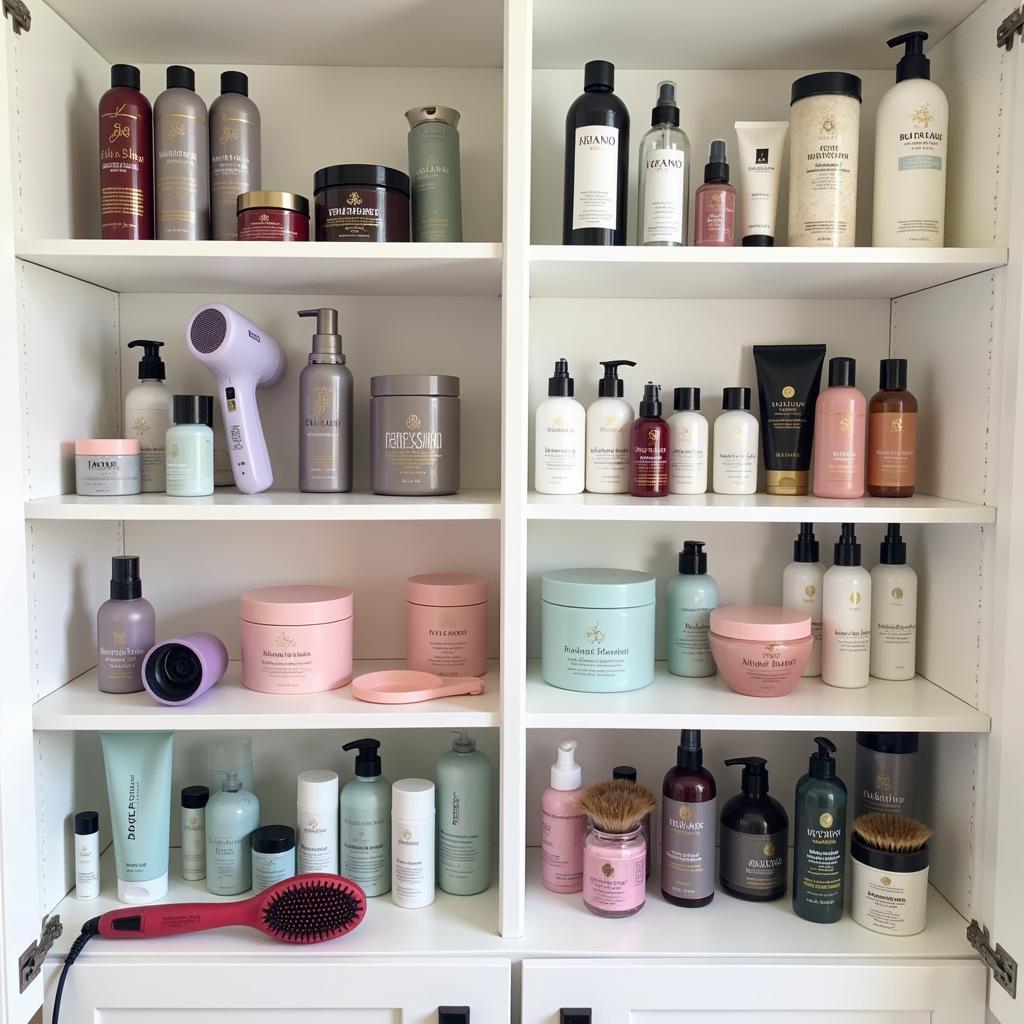 Hair care products and tools arranged on a shelf