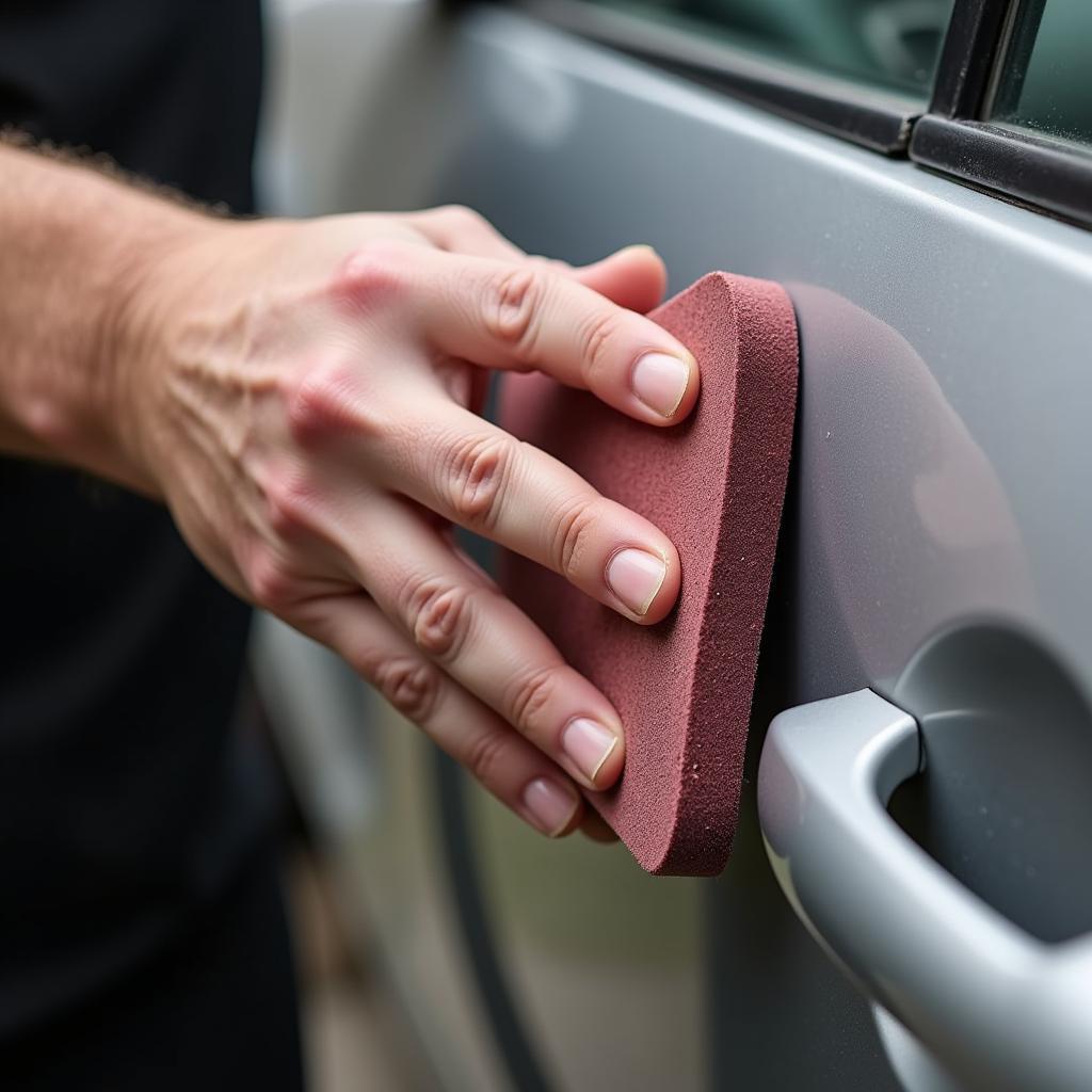 Hand sanding a car door with a sanding block