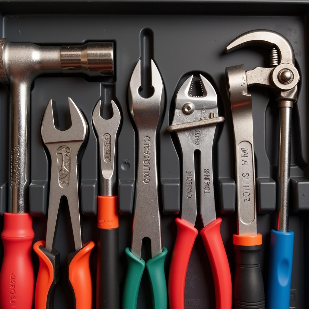 Hand Tools in Automotive Tool Kit: Close-up view of essential hand tools like wrenches, screwdrivers, and pliers.