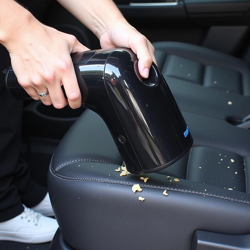 A person using a handheld car vacuum to clean a car seat