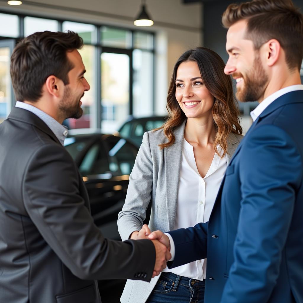 A happy couple buying a used car