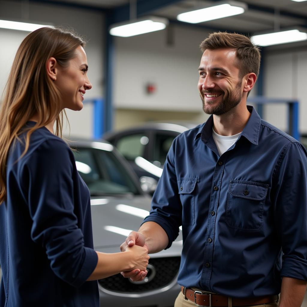 Happy Customer Shaking Hands with Mechanic after Car Repair