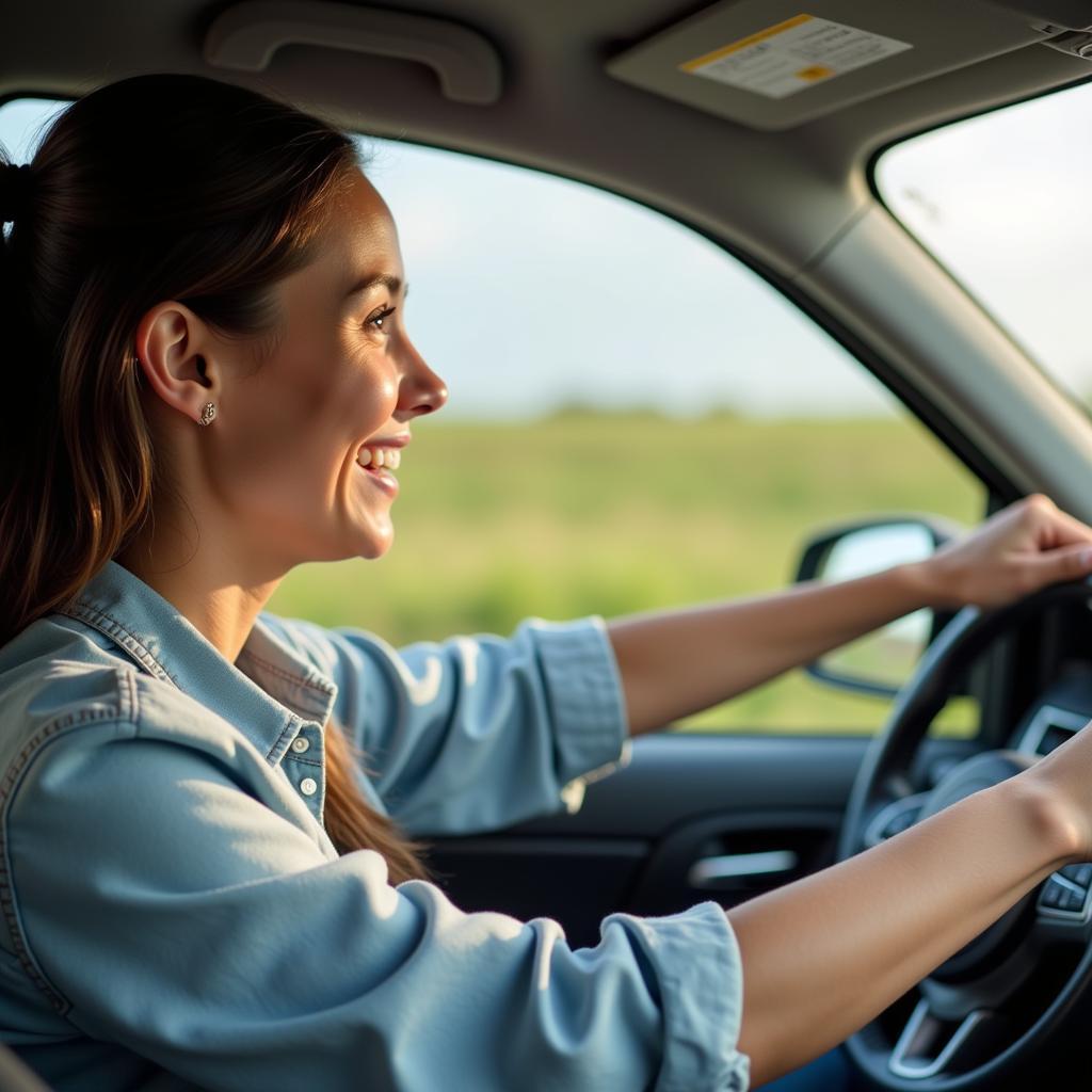 A happy driver behind the wheel of their newly purchased used car.