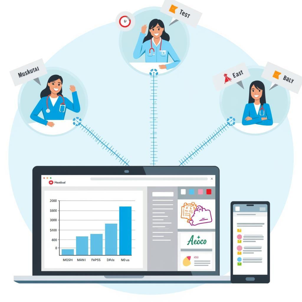 Healthcare cost estimator tools in action, displaying a user interface on a laptop and a smartphone, with a background of medical charts and graphs.