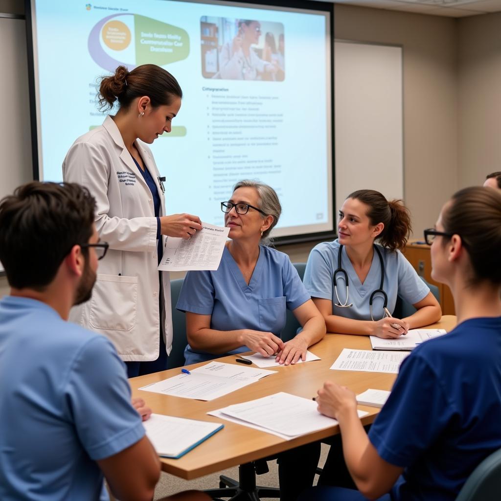 Healthcare professionals participating in a training session on palliative care communication