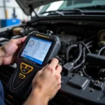 Technician using a heavy duty diagnostic scan tool on a truck engine.