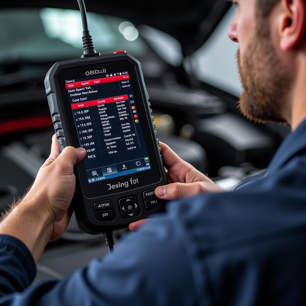 Mechanic Using a Heavy Duty Scan Tool to Diagnose a Car's Electrical System