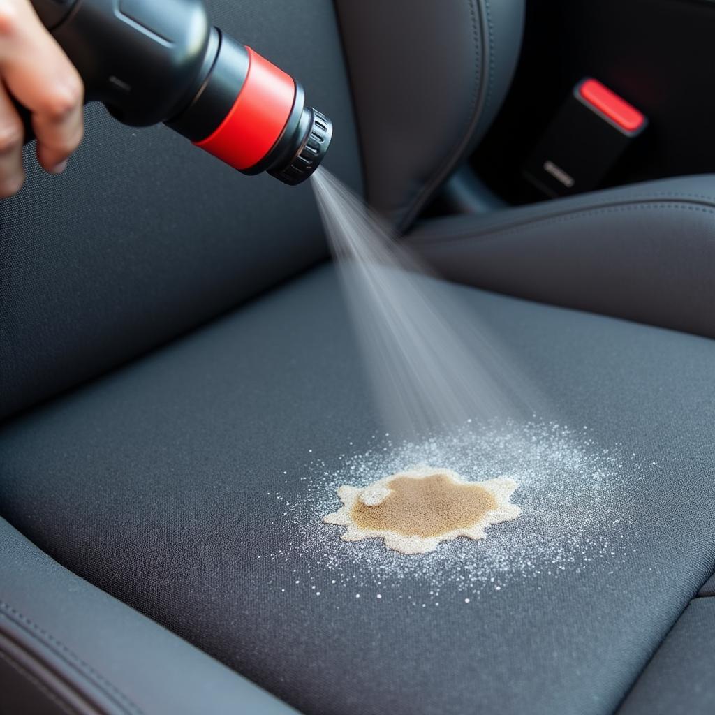 High pressure interior car cleaner demonstrating its effectiveness on a stained car seat