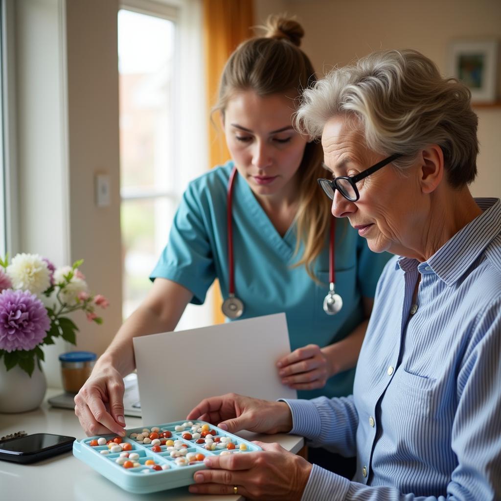 Home healthcare worker assisting an elderly woman with her medication using a pill organizer.