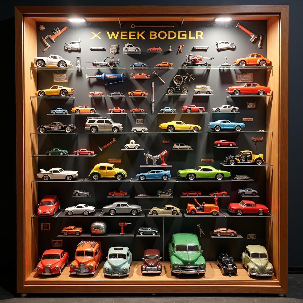 Hot Wheels Display Case with Various Cars and Tools