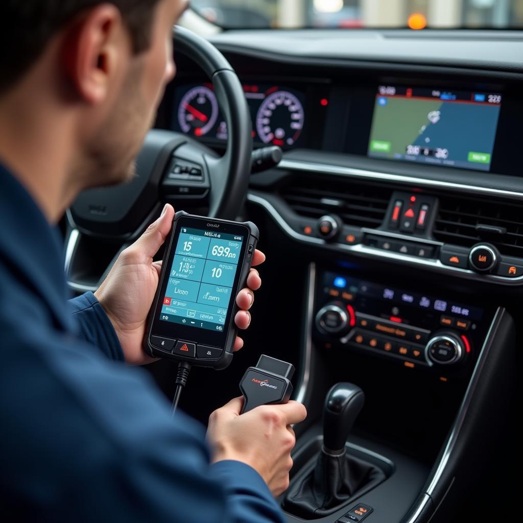 Mechanic using a hybrid car diagnostic tool mobile to diagnose a car's electrical system.