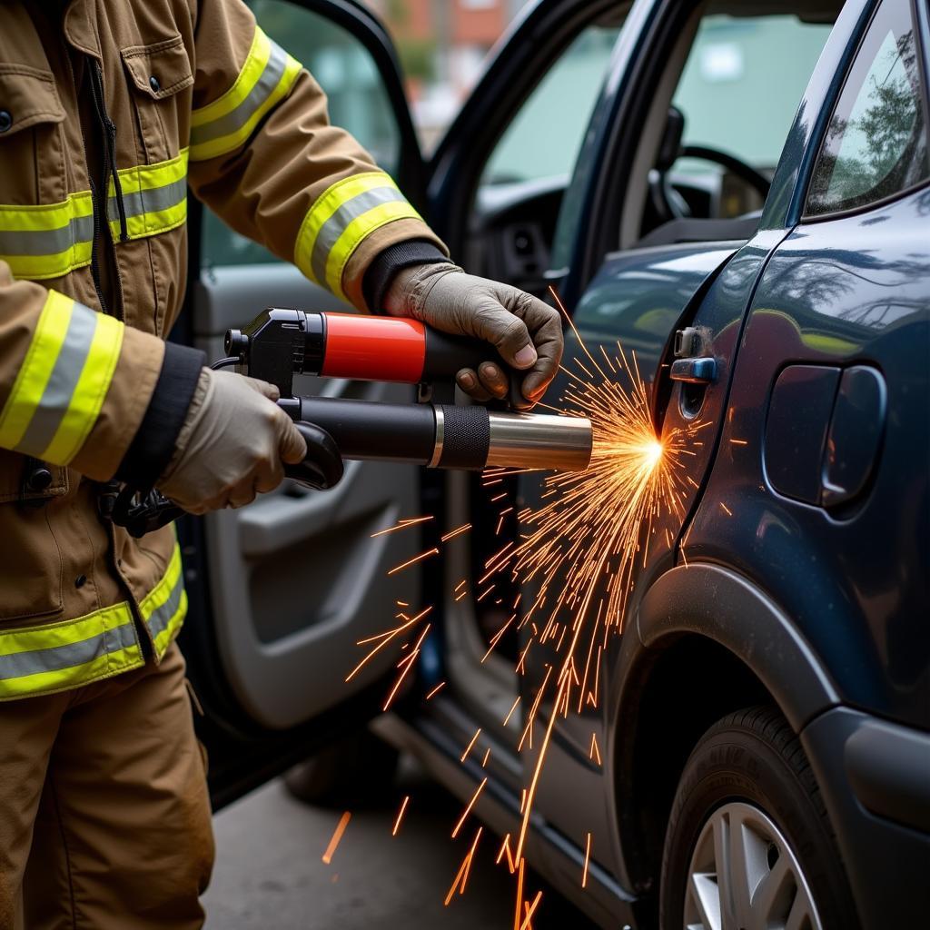 Firefighters using hydraulic cutters to remove a car door during a rescue operation