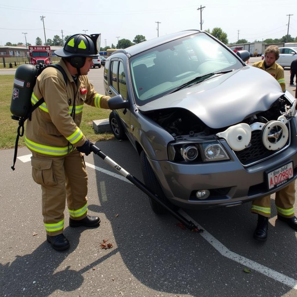 Hydraulic ram being used to stabilize a vehicle during a rescue operation