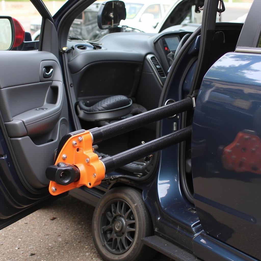 A hydraulic spreader being used to widen a gap in a crushed car door