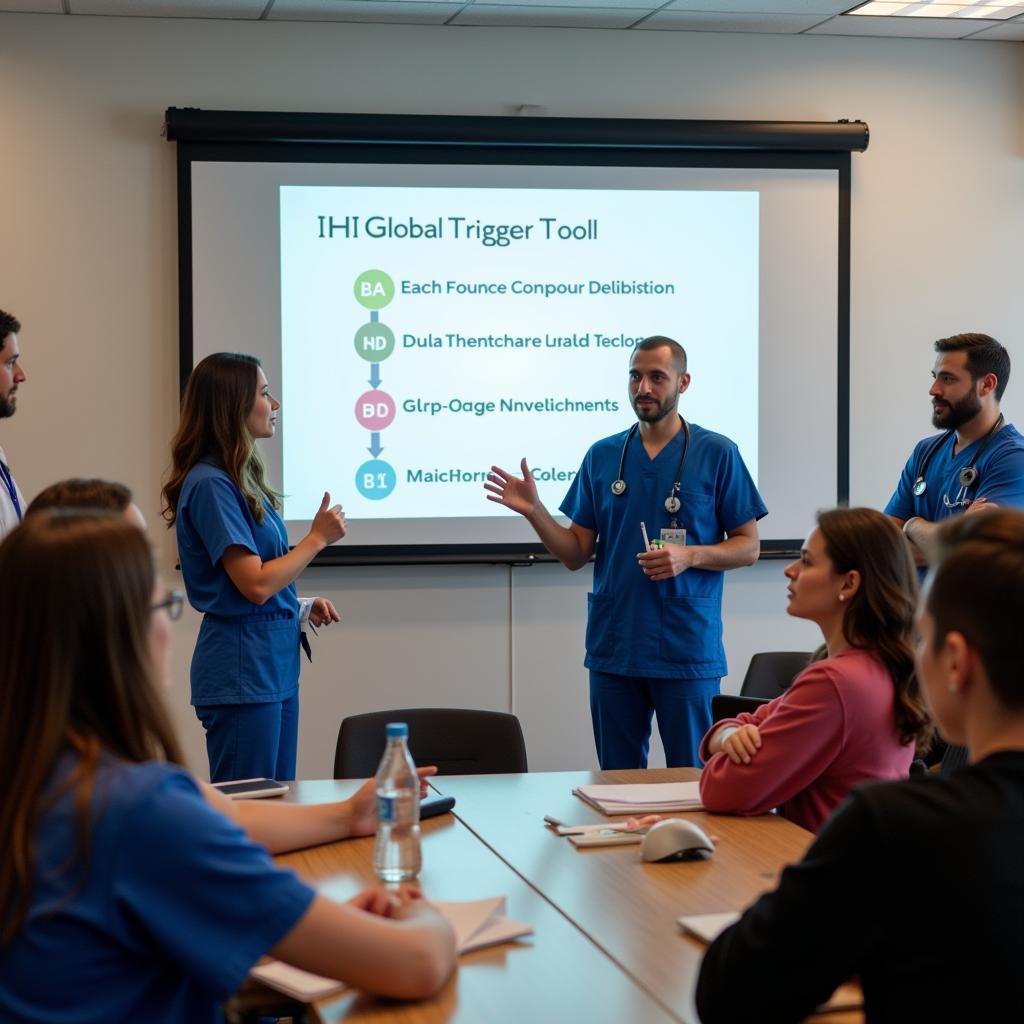 Healthcare professionals participating in a training workshop on the IHI Global Trigger Tool methodology.