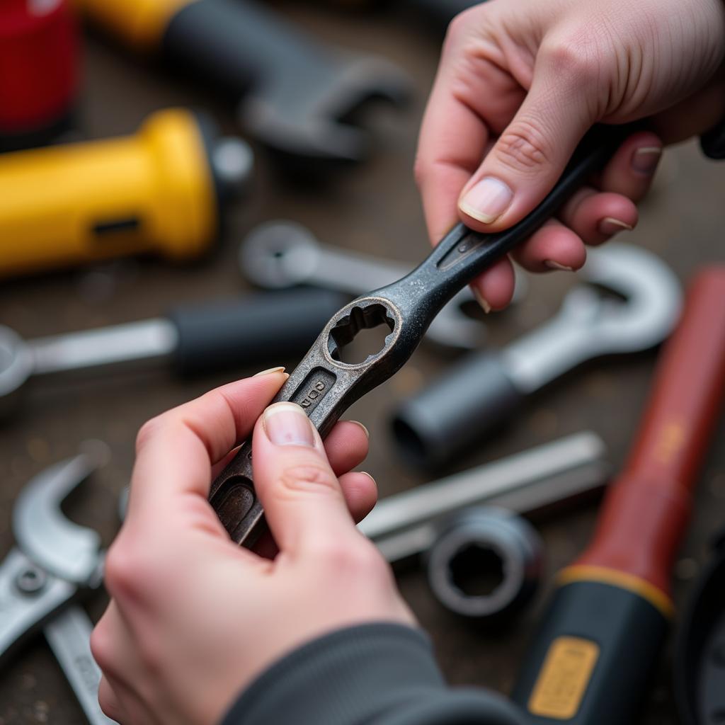 Closely examining tools for quality at a car boot sale