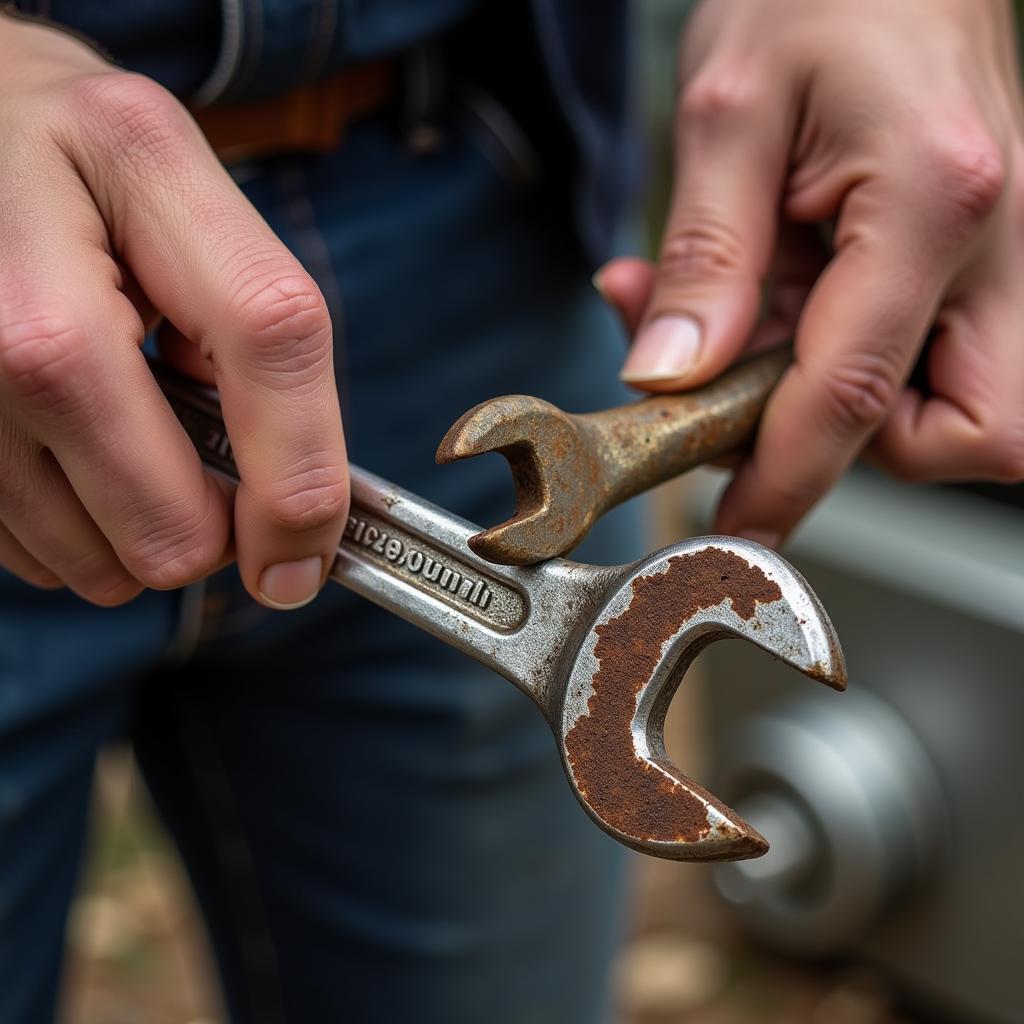 Inspecting used car repair tools for wear and tear