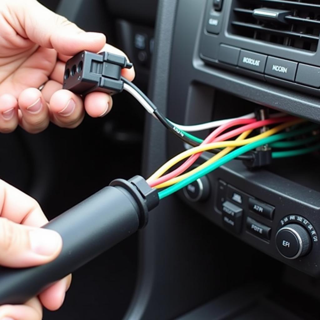 Installing the car stereo wiring harness adapter to connect the new stereo to the car's electrical system.