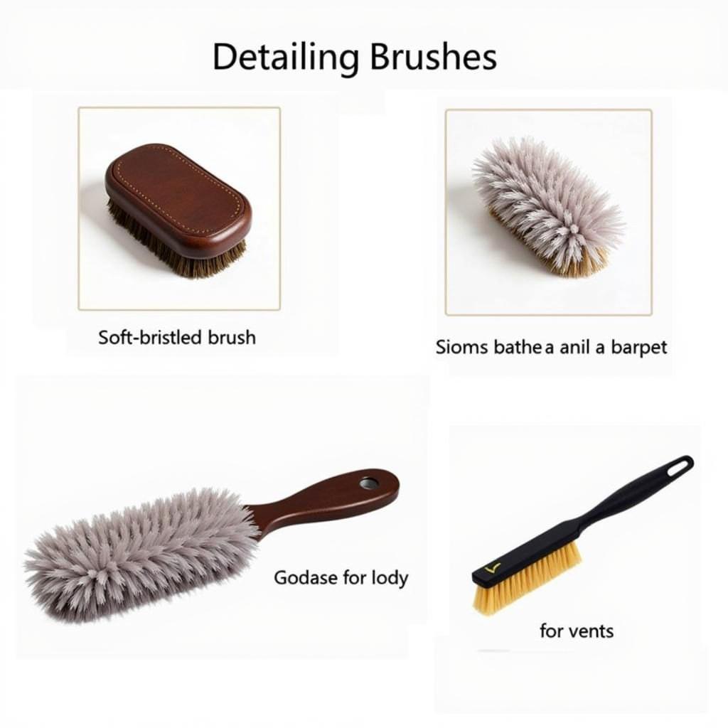 Various car detailing brushes for different interior surfaces