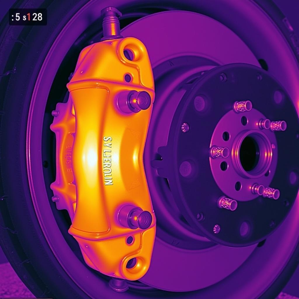 IR Camera Detecting Overheating Brake Caliper: Thermal image showing a hot spot on a car's brake caliper, indicating a potential problem.